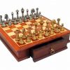 Schachensemble "Staunton Rosenholz" Schachbrett aus Rosenholz mit Aufbewahrungsfach & Schachfiguren aus Metall Massiv