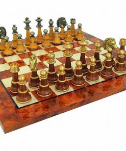 Schachensemble "Staunton XL II" Schachbrett aus Ulmen- und Bruyèreholz Lackiert & Schachfiguren aus Holz und Messing