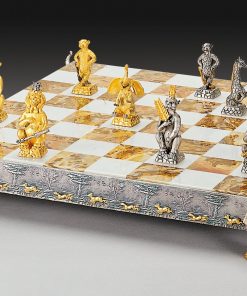 Schachensemble "Dschungeltiere" Schachbrett und Schachfiguren aus Bronze